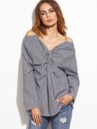 Shein Black And White Gingham Cold Shoulder Twist Front Blouse
