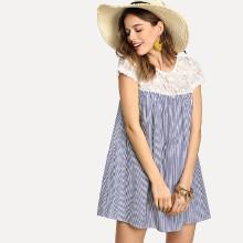 Shein Applique Yoke Striped Swing Dress