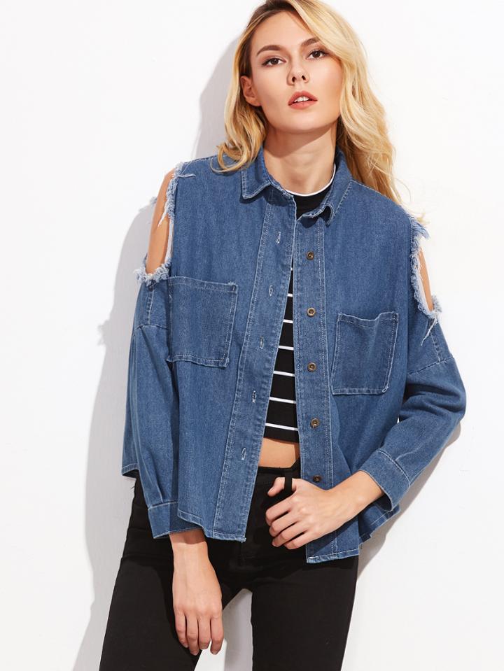 Shein Blue Open Shoulder Frayed Denim Coat