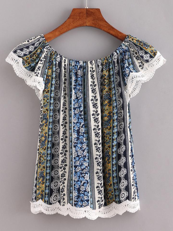 Shein Lace Trimmed Flower Print Top - Blue