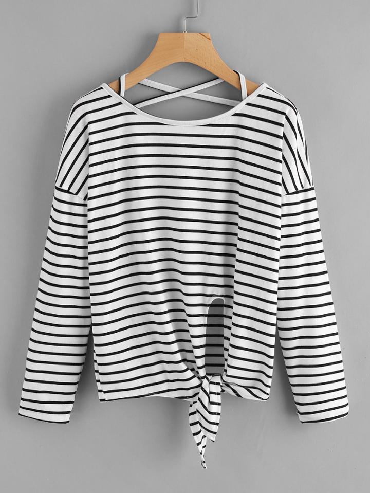 Shein Drop Shoulder Criss Cross Tie Front Tee