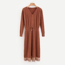 Shein Drawstring Waist Lace Trim Sweater Dress