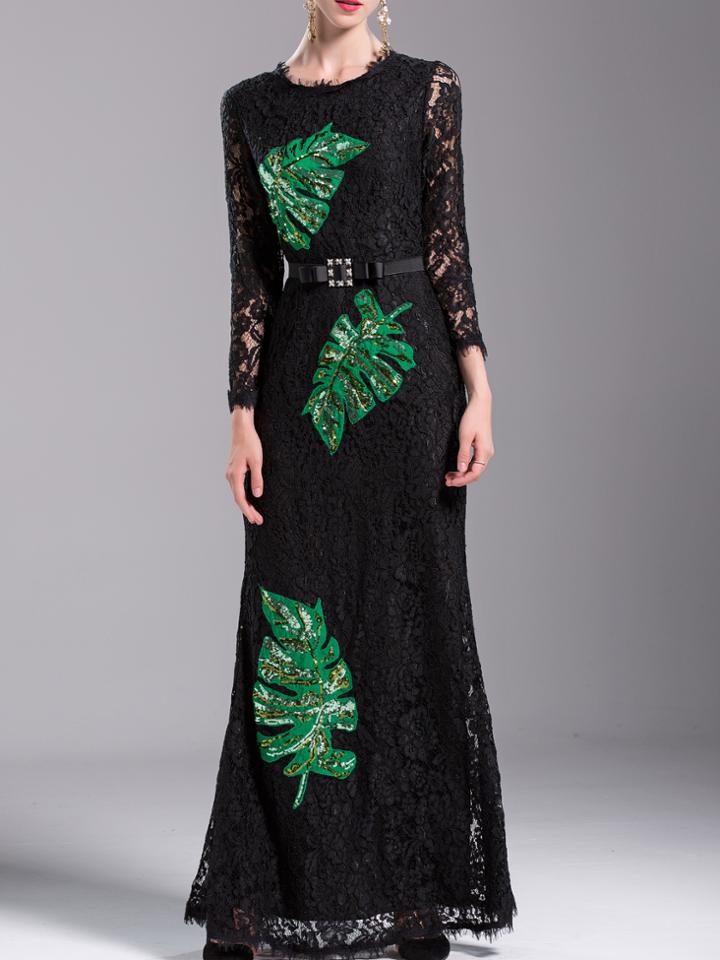 Shein Black Leaves Sequined Bowknot Lace Maxi Dress