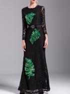 Shein Black Leaves Sequined Bowknot Lace Maxi Dress
