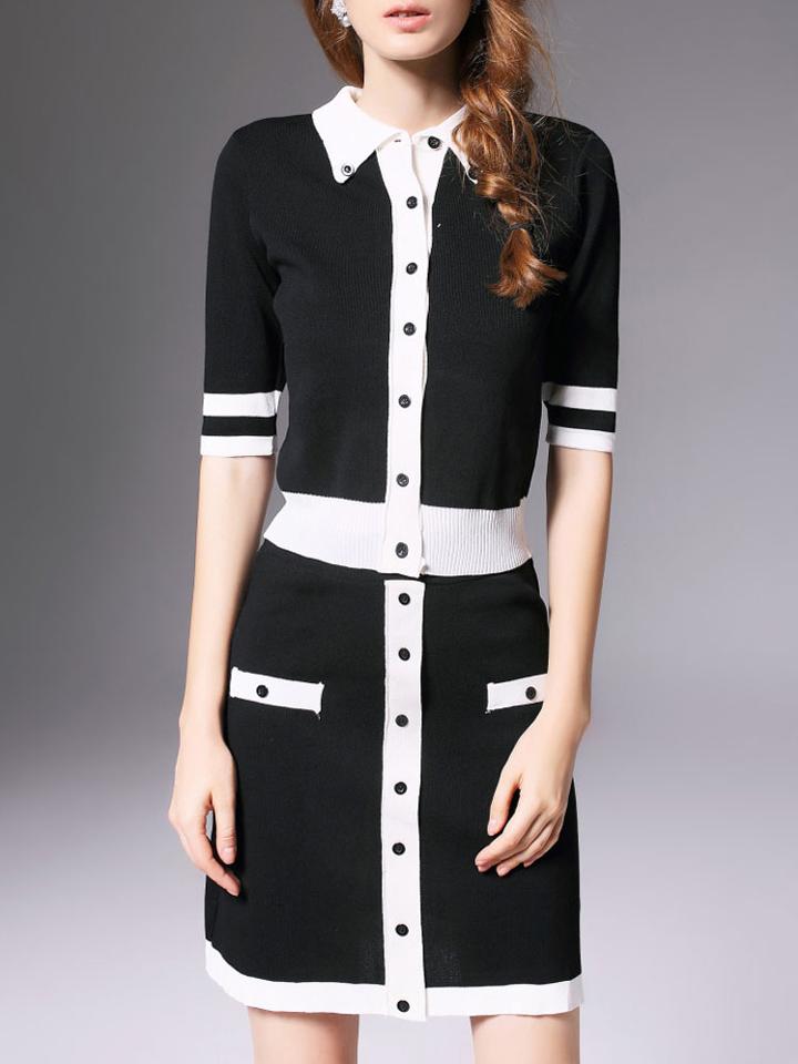Shein Black White Color Block Top With Knit Skirt
