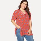 Shein Plus Dot And Flamingo Print Striped Neck Top