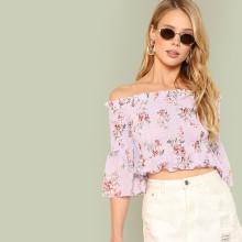 Shein Ruffle Trim Shirred Bardot Crop Top