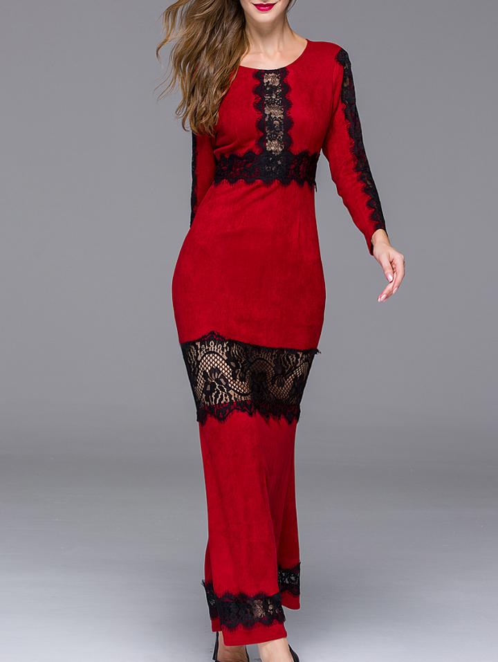 Shein Red Round Neck Long Sleeve Contrast Lace Dress