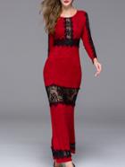 Shein Red Round Neck Long Sleeve Contrast Lace Dress