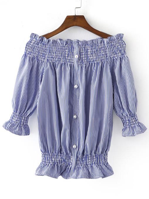 Shein Blue White Stripe Buttons Front Boat Neck Blouse