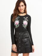 Shein Black Ribbed Knit Flower Embroidered T-shirt