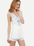 Shein White Print Pocket V Neck Sleeveless Jumpsuit