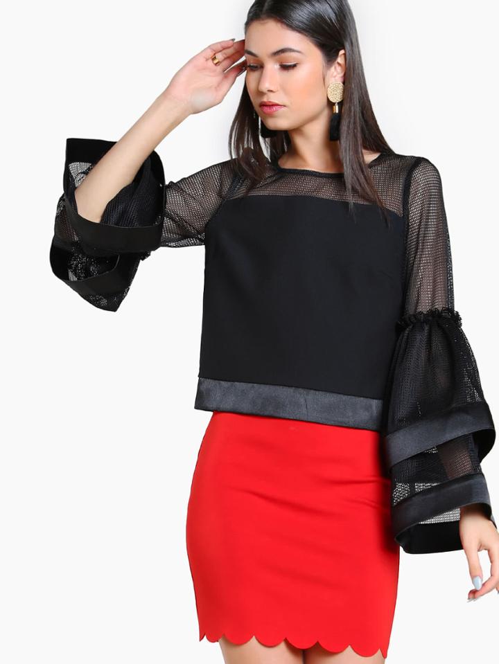 Shein Satin Trim Mesh Cut Out Layered Trumpet Sleeve Top