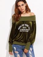 Shein Olive Green Off The Shoulder Velvet Sweatshirt