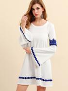 Shein White Bell Sleeve Embroidered Tunic Dress