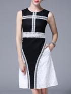 Shein Black Color Block Pockets Contrast Lace Dress
