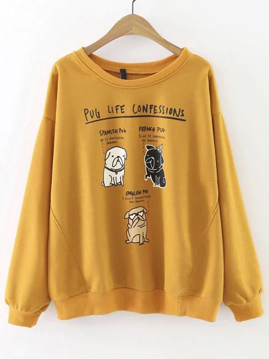 Shein Yellow Dog Print Drop Shoulder Sweatshirt