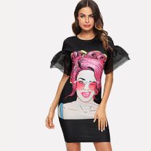 Shein Figure Print Layered Organza Ruffle Sleeve Dress