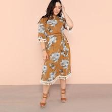 Shein Plus Tassel Detail Self Belted Floral Dress