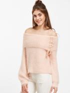 Shein Pink Off The Shoulder Lace Up Foldover Fuzzy Sweater