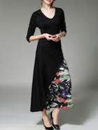 Shein Black V Neck Flowers Print Combo Dress