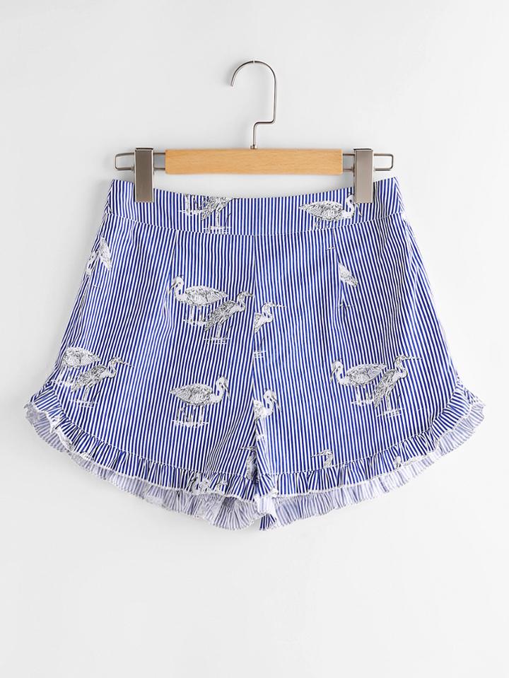 Shein Ruffle Trim Bird Print Striped Shorts
