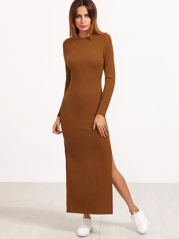 Shein Brown Long Sleeve High Slit Ribbed Dress
