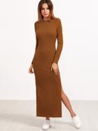 Shein Brown Long Sleeve High Slit Ribbed Dress