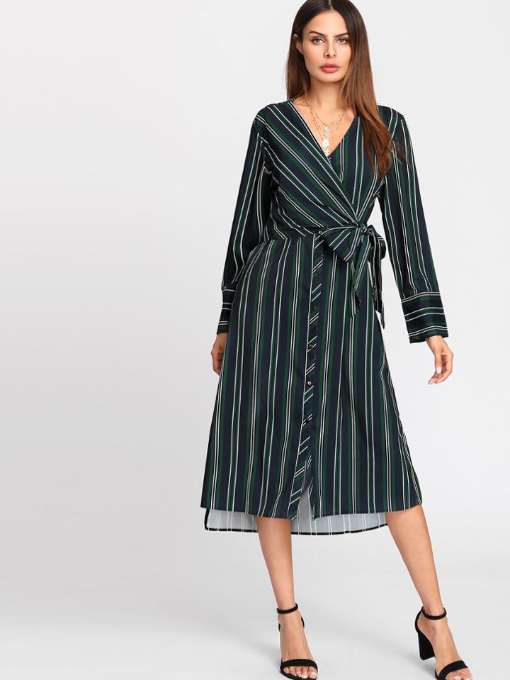 Shein Surplice V Neck Self Tie Striped Dress