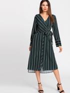 Shein Surplice V Neck Self Tie Striped Dress