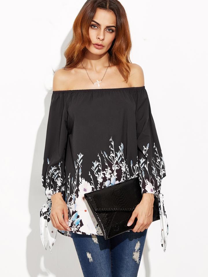 Shein Black Flower Print Tie Sleeve Off The Shoulder Top