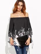 Shein Black Flower Print Tie Sleeve Off The Shoulder Top