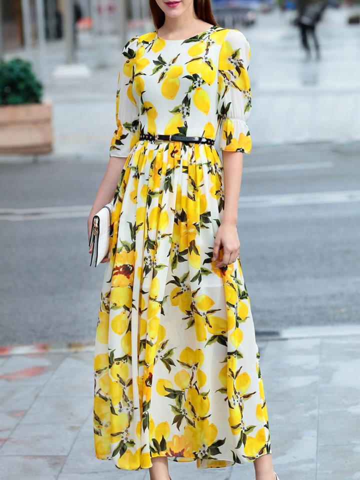 Shein Yellow Lemon Print Belted Bell Sleeve Maxi Dress