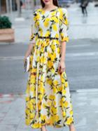 Shein Yellow Lemon Print Belted Bell Sleeve Maxi Dress
