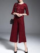 Shein Burgundy Bell Sleeve Fringe Top With Pleated Pants