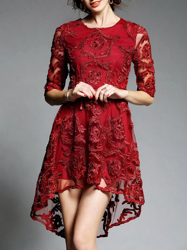 Shein Red Sheer Gauze Disc Flowers High Low Dress