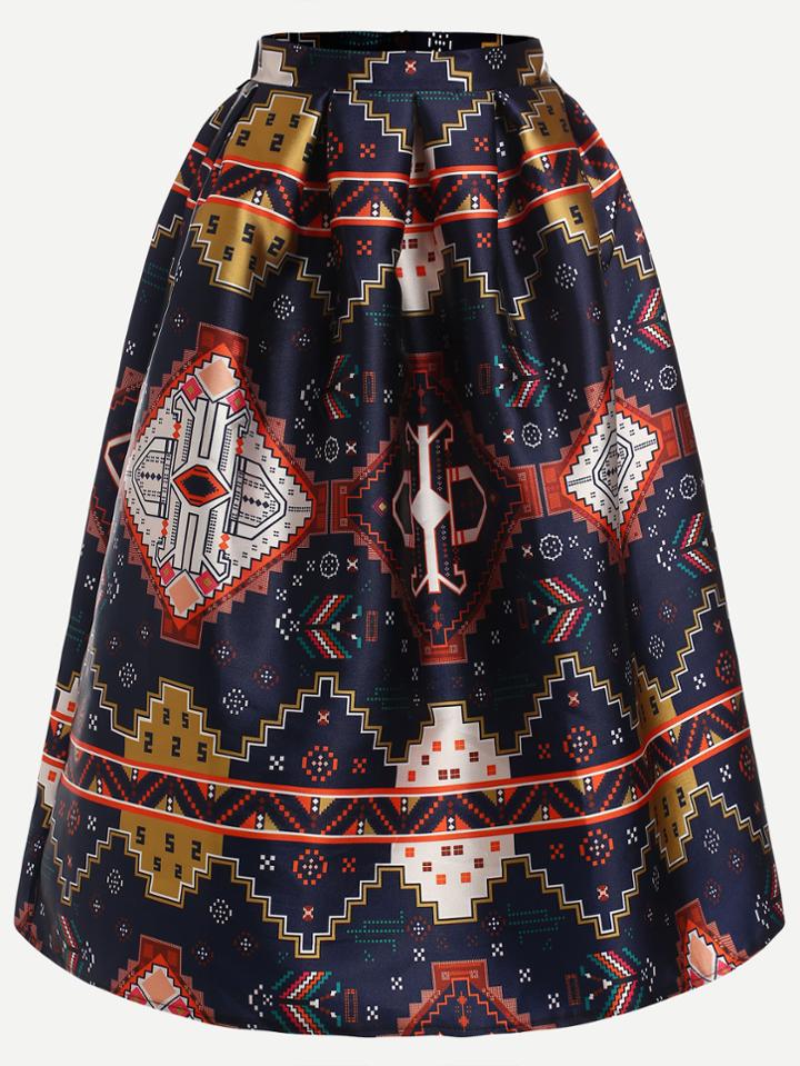 Shein Navy Tribal Print Box Pleated Volume Skirt