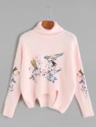 Shein Pink Turtleneck Embroidered Slit Hem High Low Fuzzy Sweater