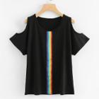 Shein Open Shoulder Rainbow Stripe Tape Tee