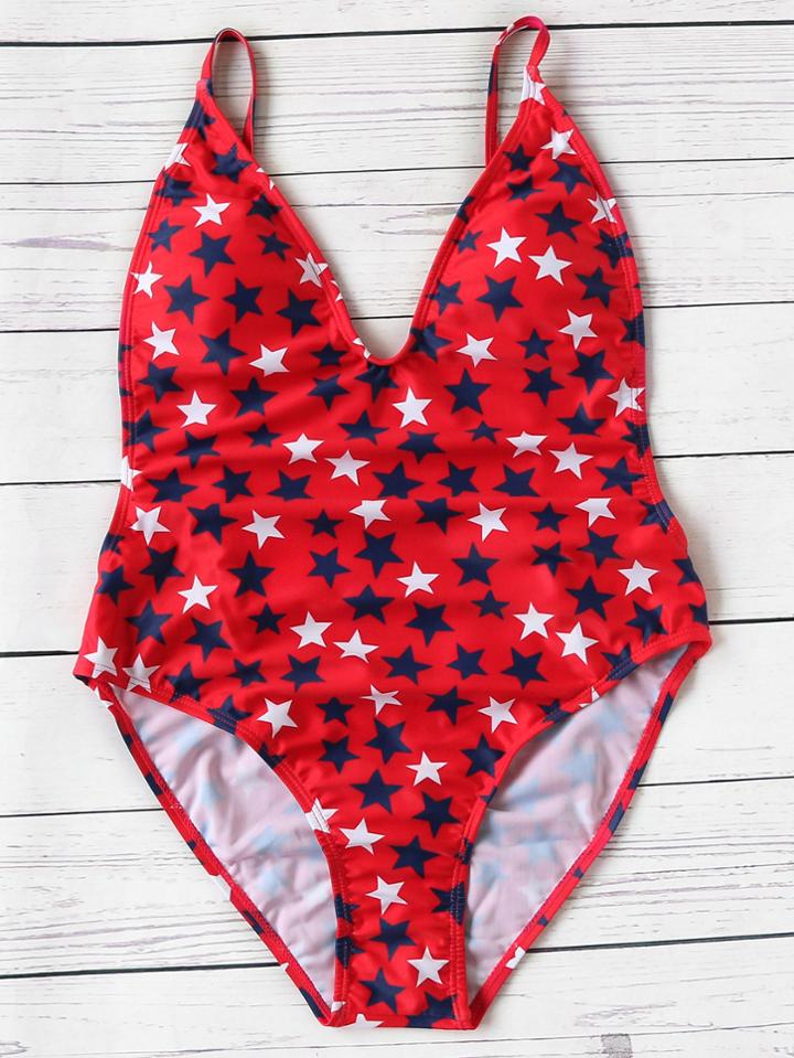 Shein Red Star Print V Neck One-piece Swimwear