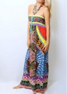 Rosewe Multicolored Strapless Tribal Print Maxi Dress