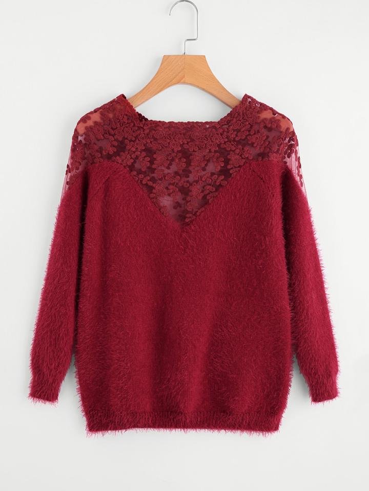 Shein Embroidery Mesh Yoke Fuzzy Jumper