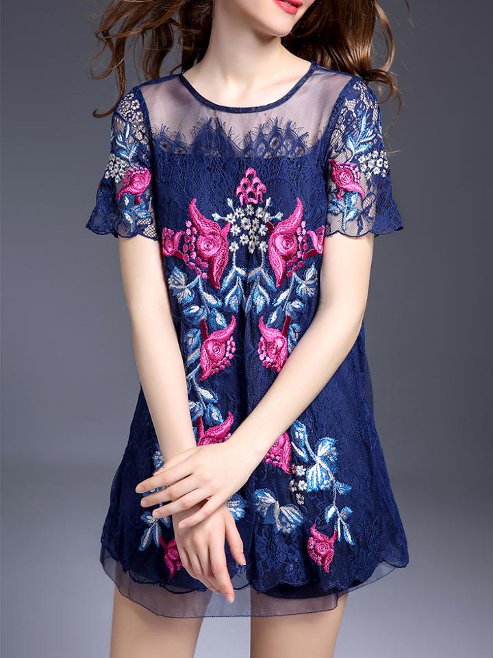 Shein Navy Gauze Embroidered Lace Shift Dress