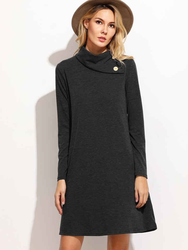 Shein Heather Grey Buttoned Turtleneck Dress