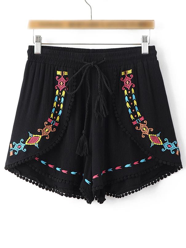 Shein Black Elastic Waist Embroidery Pom Pom Trim Shorts