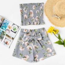 Shein Frill Trim Pleated Tube Top With Shorts