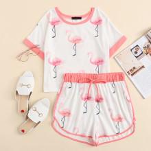 Shein Flamingo Print Ringer Tee & Sweat Shorts Set