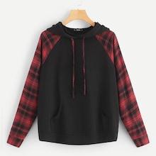 Shein Drawstring Plaid Hoodie