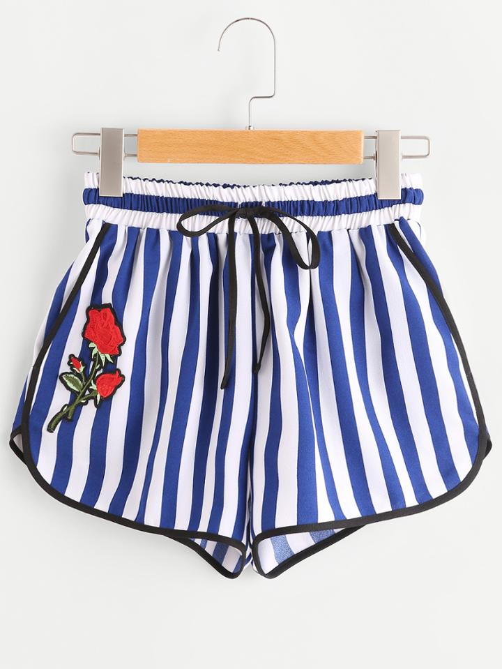 Shein Rose Applique Contrast Binding Striped Dolphin Shorts