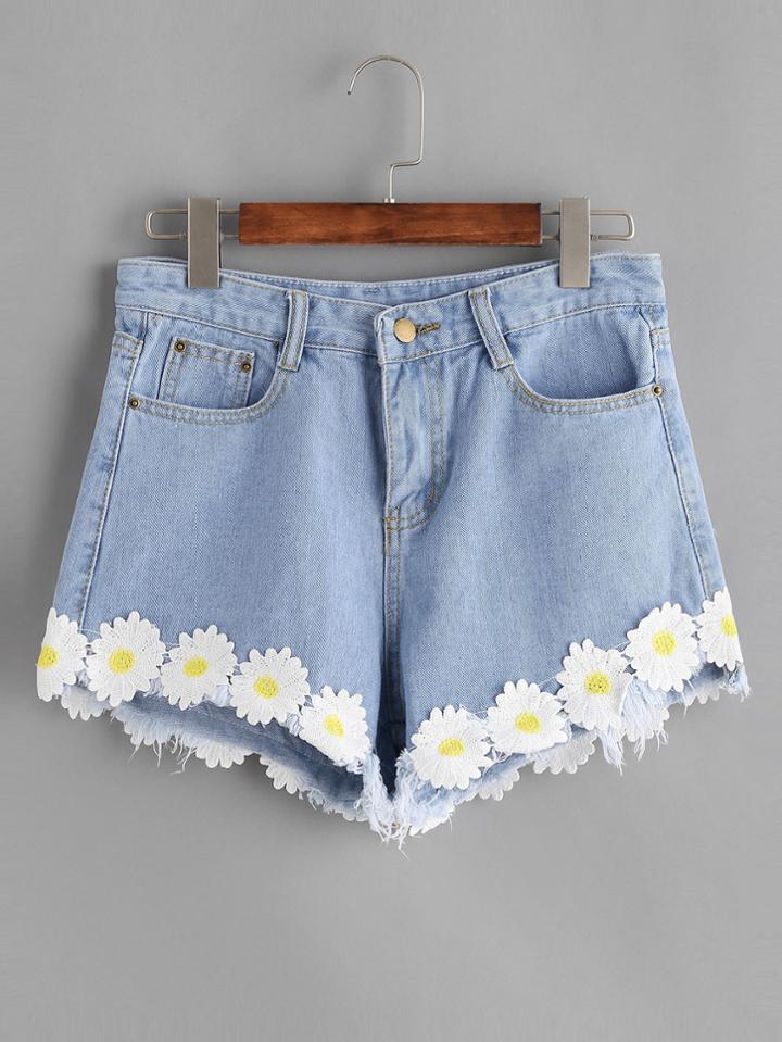 Shein Light Blue Appliques Raw Hem Denim Shorts